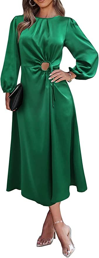 PRETTYGARDEN Women's 2022 Satin Fall Maxi Dress Puff Sleeve Crewneck Cutout Casual A-line Long Fl... | Amazon (US)