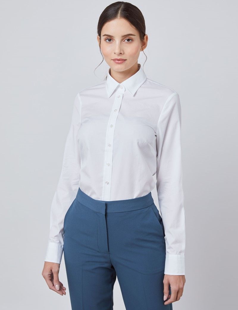 Women's White Poplin Semi-Fitted Shirt - Single Cuff | Hawes & Curtis | Hawes and Curtis (US & CA)