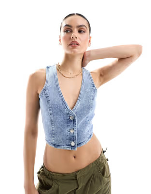 Miss Selfridge crop waistcoat in blue wash | ASOS | ASOS (Global)