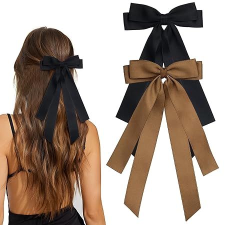 MIKONIKO Bow Hair Clips 2PCS Set for Women and Girls - Black Brown Ribbon Bows for Hair, with Lon... | Amazon (US)