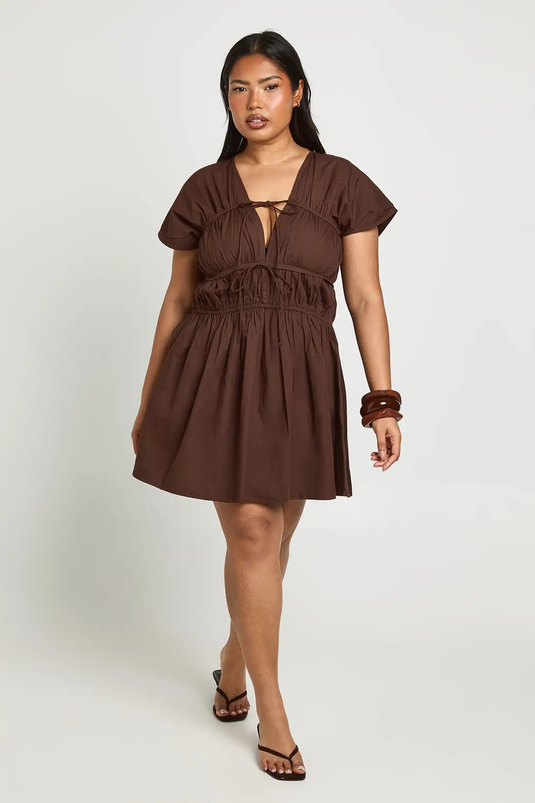 Chocolate boohoo Plus Cotton Poplin Shirred Mini Dress | PrettyLittleThing USA | PrettyLittleThing US