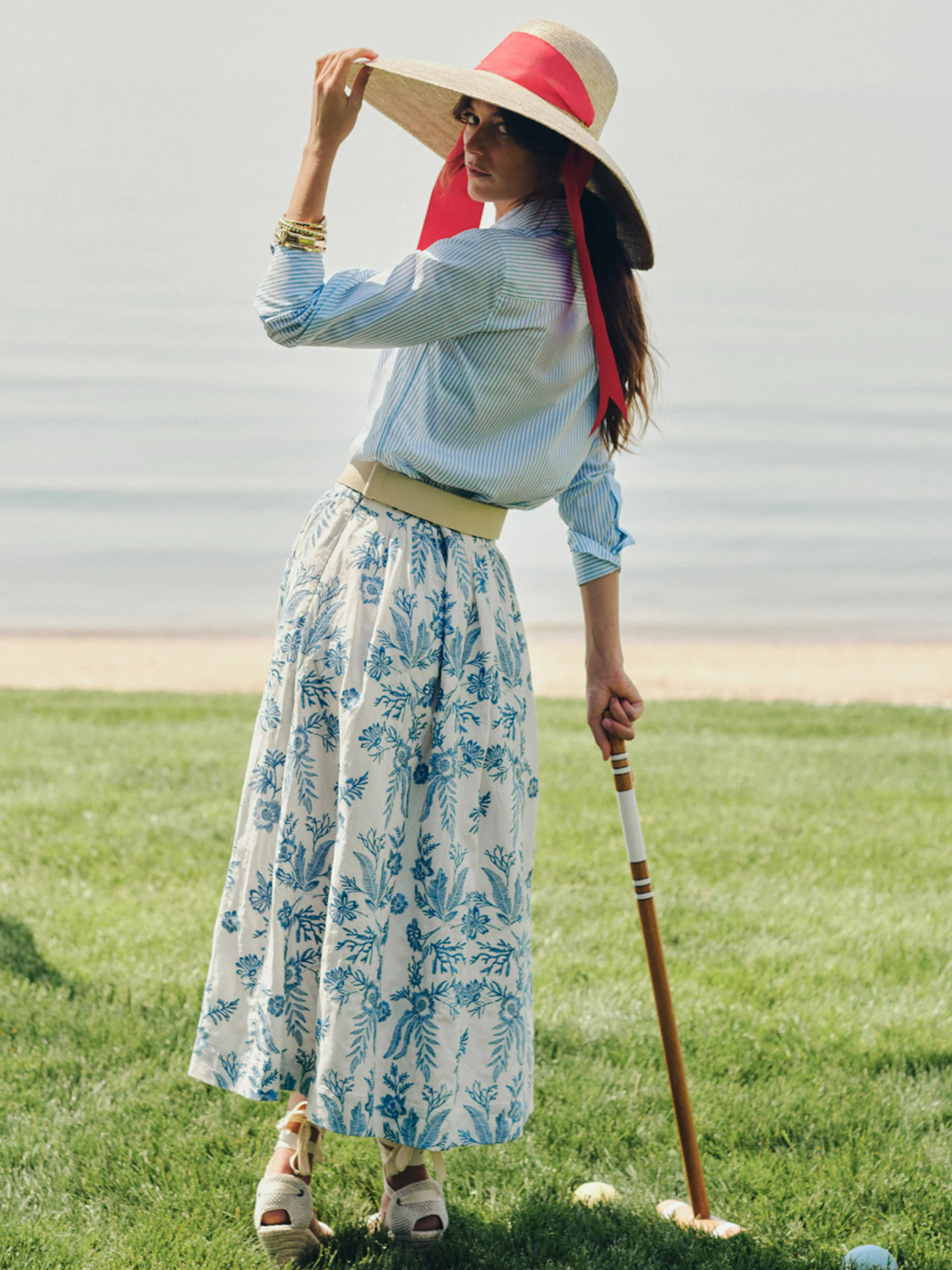 Off_White/Blue Embroidery Winnie Linen Blend Skirt | Women's Skirts | J.McLaughlin | J.McLaughlin