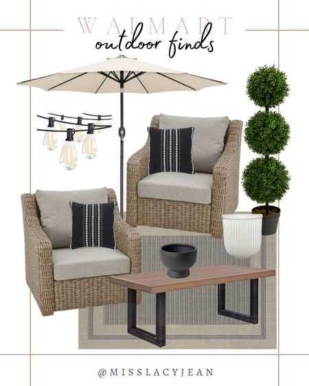 Walmart outdoor finds include outdoor accent chairs, outdoor throw pillows, faux topiary, planter, tabletop planter, coffee table, outdoor rug, sun umbrella, and outdoor string lights.

Outdoor decor, outdoor furniture, patio furniture, patio decor 

#LTKstyletip #LTKSeasonal #LTKfindsunder100