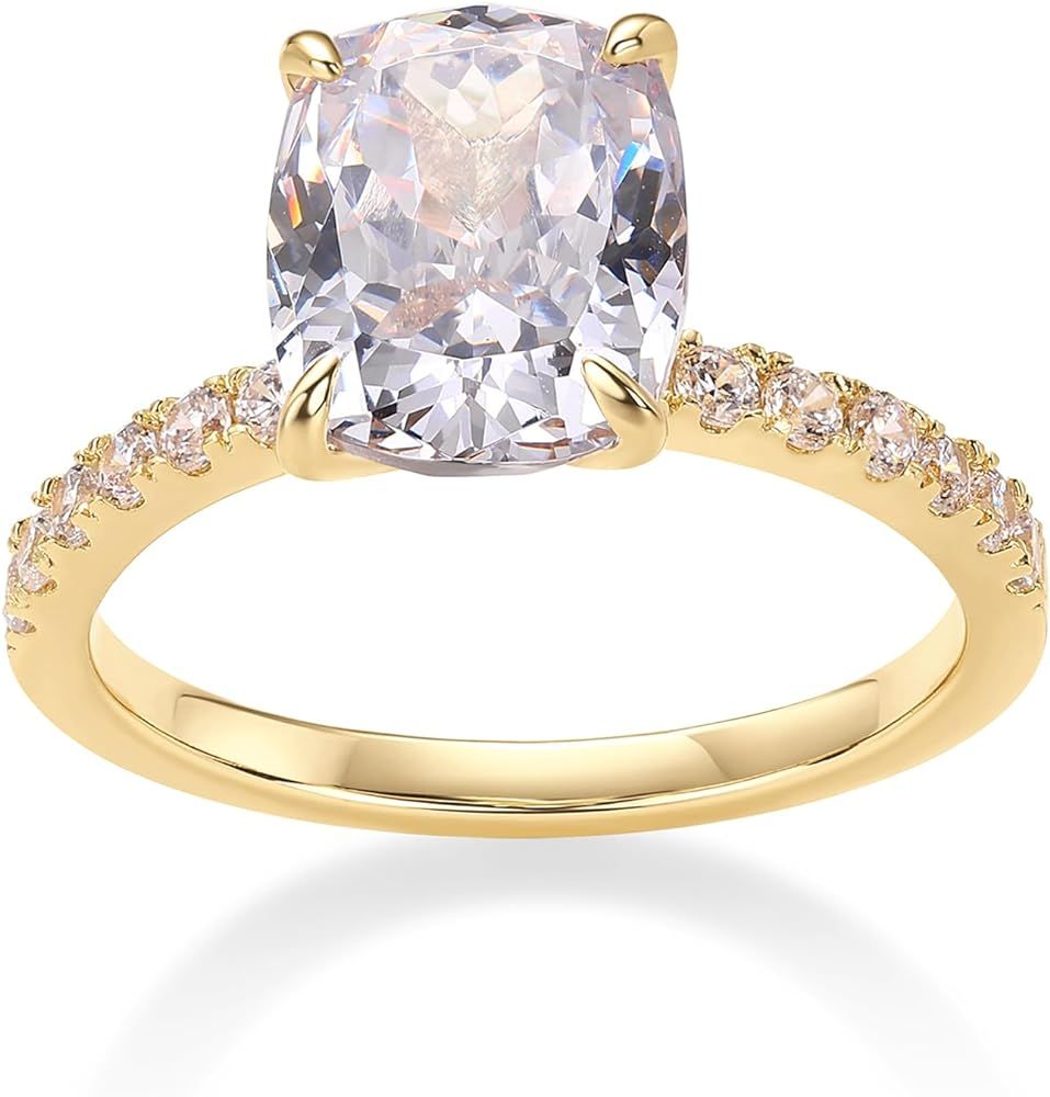 PAVOI 14K Gold Plated 3 CT Cushion Cut Engagement Ring for Women | Promise Wedding Band | Elongat... | Amazon (US)