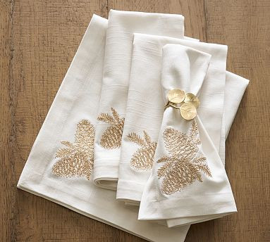 Gold Pinecone Embroidered Cotton Napkins - Set of 4 | Pottery Barn (US)