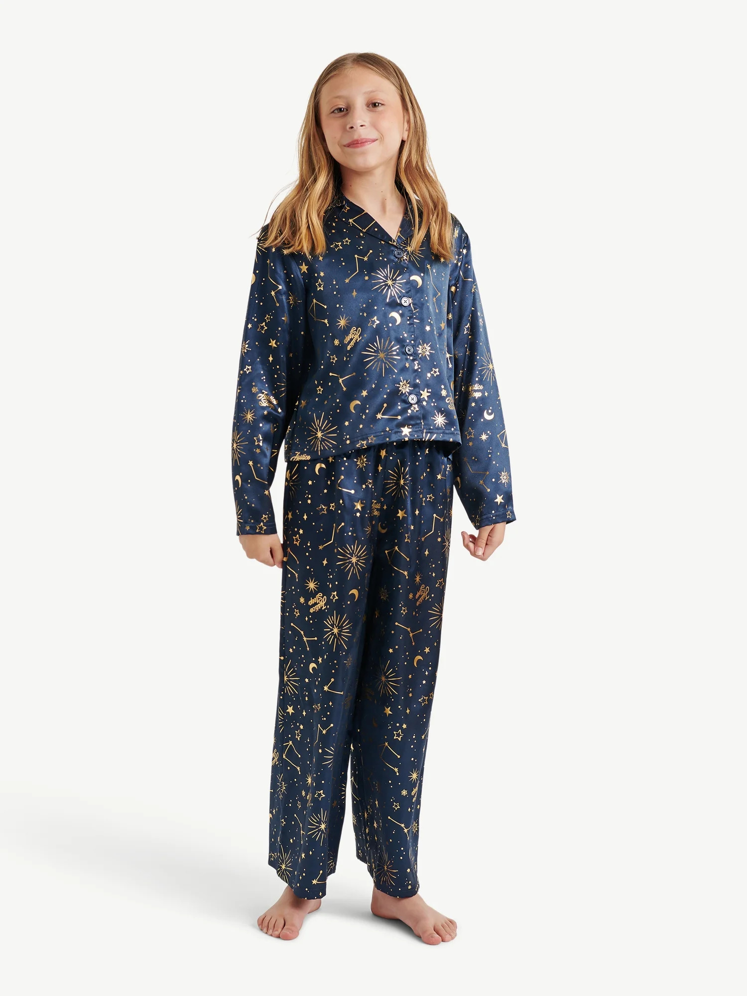 Justice Girls Long Sleeve Notch Collar Sleep Top and Sleep Pants, 2-Piece, Sizes 4-18 | Walmart (US)