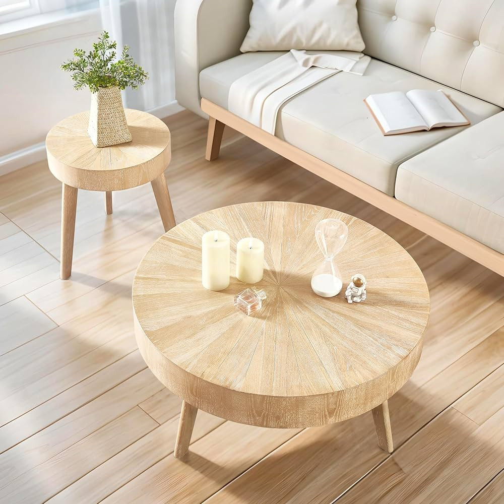 Nesting Round Oak Wood Coffee Table Set of 2 for Living Room - Wooden Circle Coffee Table ＆ End... | Amazon (US)