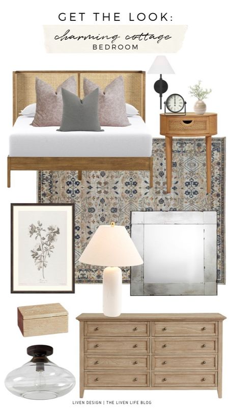 Cottage bedroom. Home decor. Area rug. Cane wood bed. Nightstand. Wall sconce. Floral botanical sketch art. Dresser. Antique mirror. Lamp. Throw pillows. Block print. 

#LTKSeasonal #LTKhome #LTKstyletip
