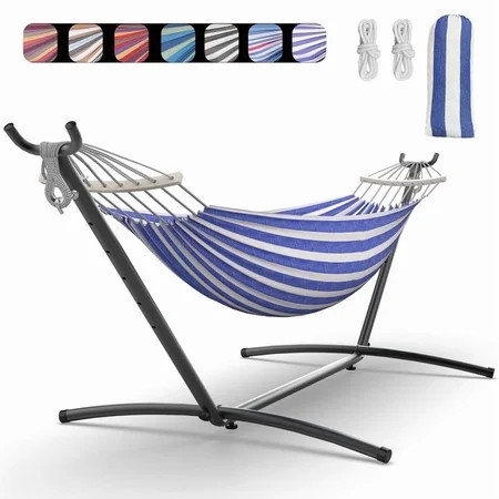 KEESTP Comfortable 2 Person Hammock with Stand,Portable Detachable Brazilian Hammock,450lb Capacity - Bluewhite | Walmart (US)