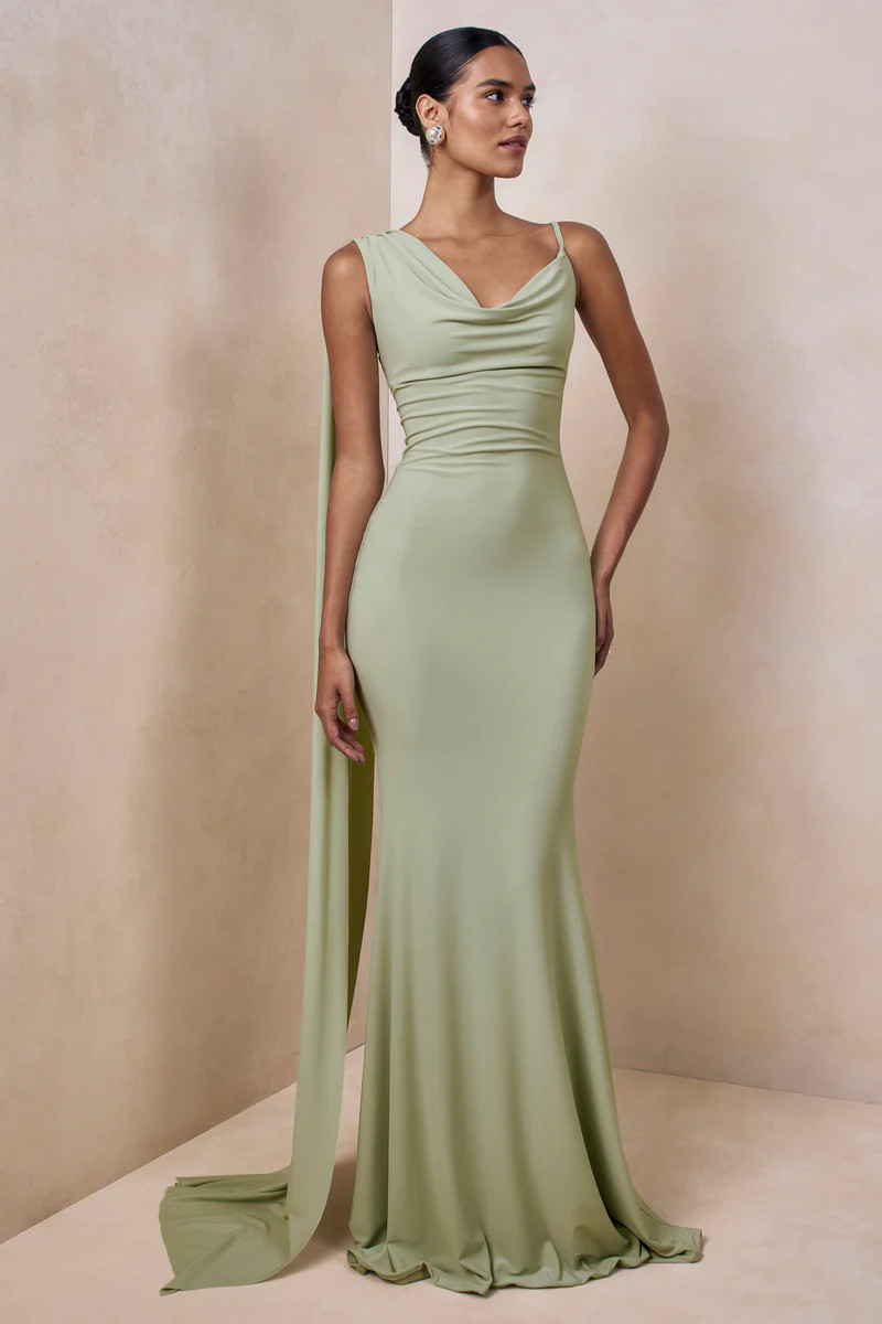 Kenza  Mint Asymmetric-Neck Maxi Dress With Scarf-Detail | Club L London