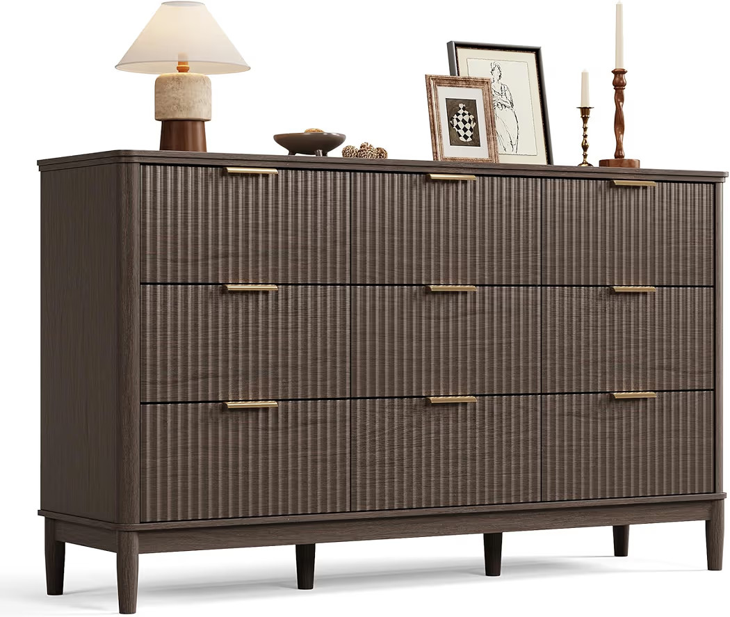 LINSY Fluted Dresser for Bedroom with 9 Drawers, Mid Century Modern Chest of Drawers with Gold Me... | Amazon (US)
