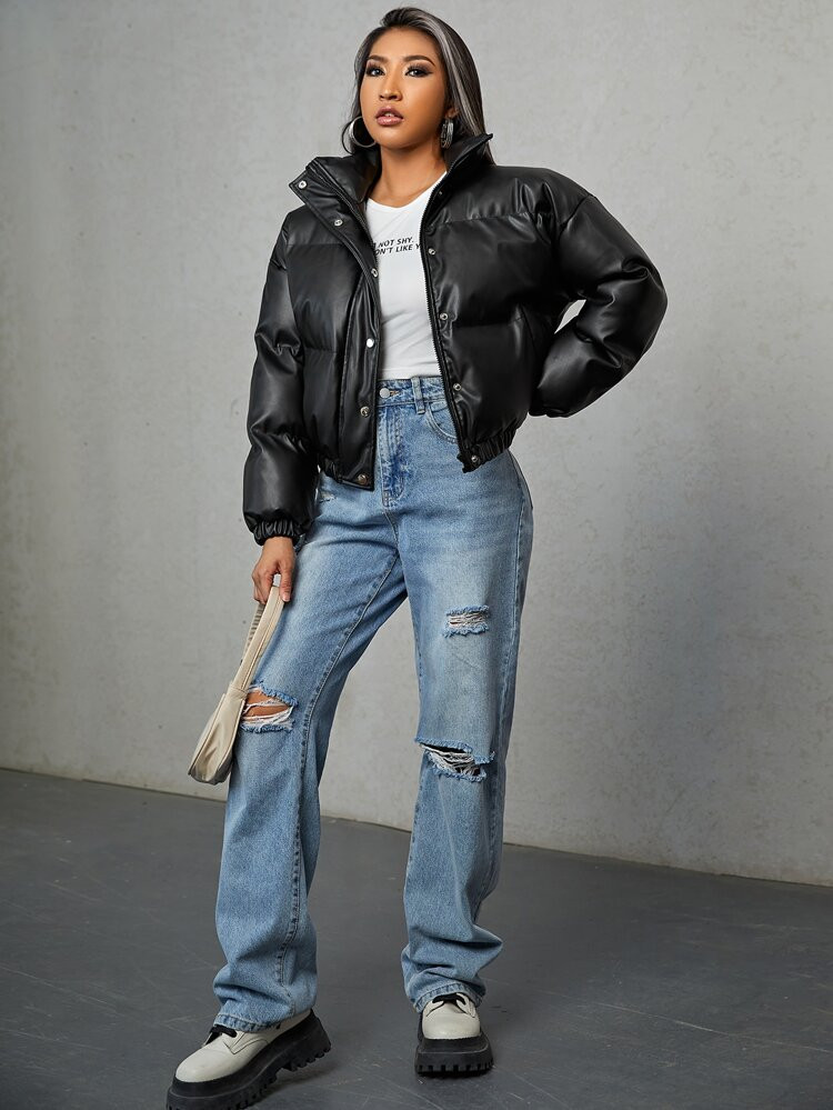 SHEIN Drop Shoulder Slant Pockets PU Leather Puffer Coat | SHEIN
