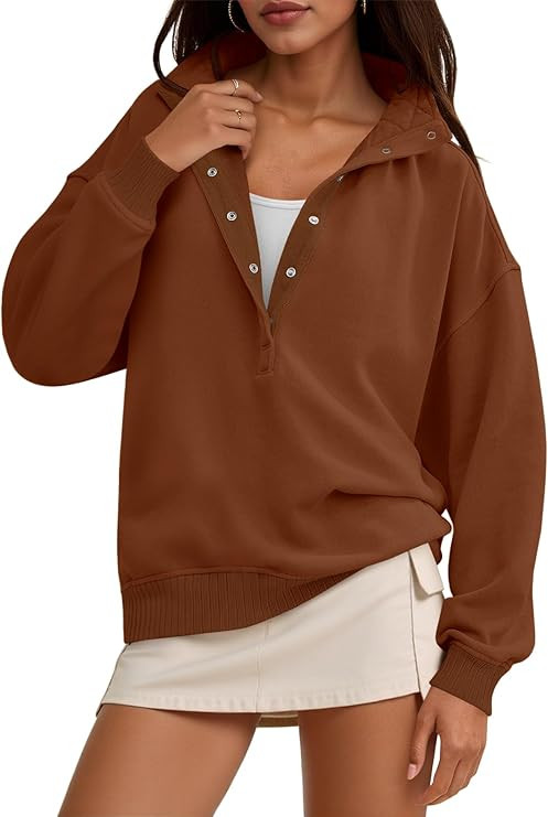 Fisoew Womens Oversized Sweatshirts Casual Long Sleeve Snap Button Henley Neck Loose Fit Fall Pul... | Amazon (US)