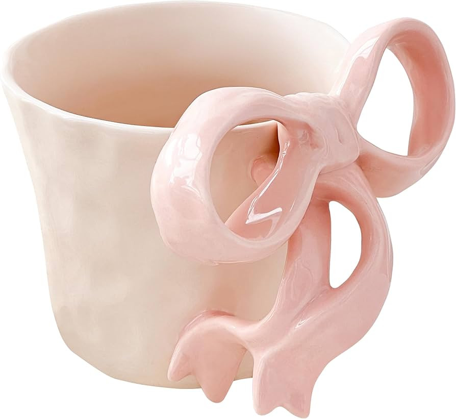 Pink Ceramic Coffee Mug with Bow Handle, Cute Girly Cup for 14oz, Handmade Kawaii Soup Mug for La... | Amazon (US)