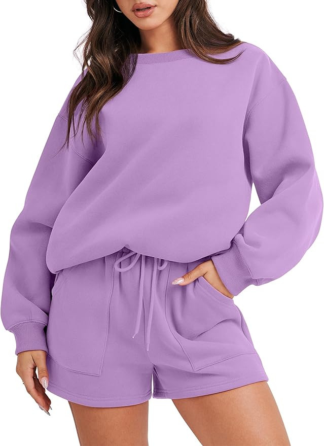 ANRABESS Women 2 Piece Outfits Sweatsuit Oversized Sweatshirt & Lounge Shorts 2023 Casual Cozy Pa... | Amazon (US)