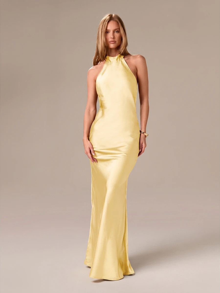 AiiRZ Satin Halter Neck Backless Bias Cut Maxi Dress Sleeveless Open Back Tie Neck Floor Length G... | SHEIN