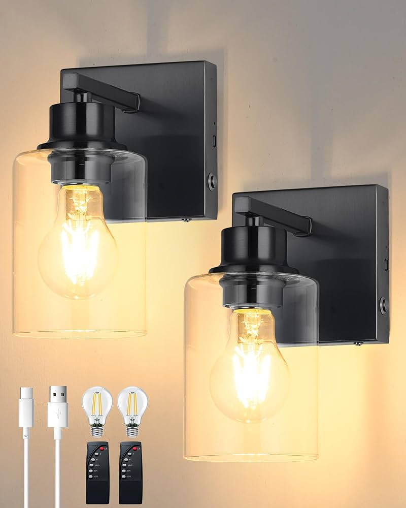 Battery Operated Wall Sconce Set of 2, Black Rechargeable Cordless Wall Sconces Set of Two, Dimma... | Amazon (US)