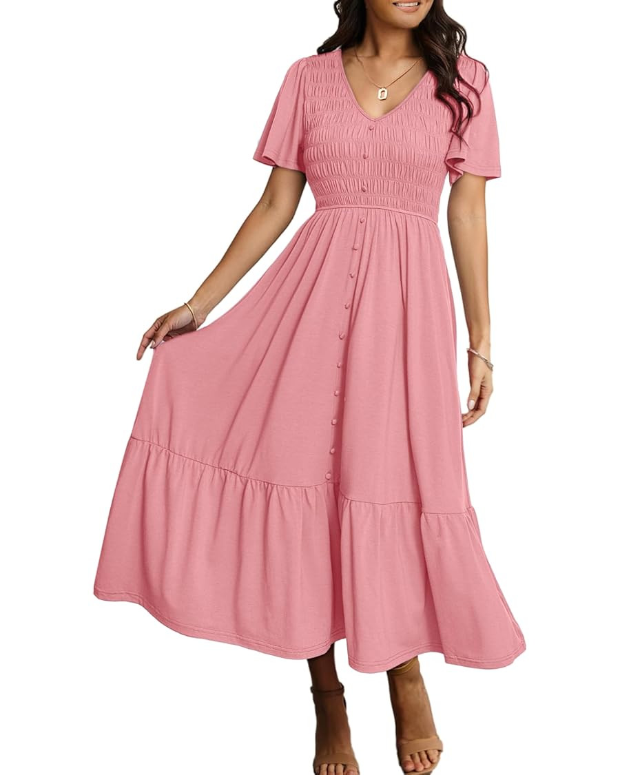 Simplee Womens Summer Smocked Flowy Dress - Casual Flutter Sleeve Tiered Boho Maxi Dresses with P... | Amazon (US)