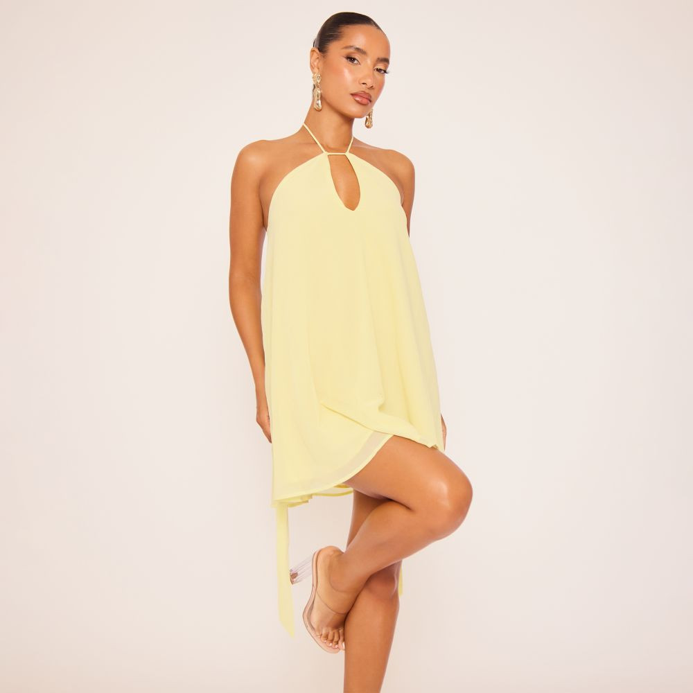 Halterneck Keyhole Detail Floaty Mini Dress In Yellow | EGO (UK)