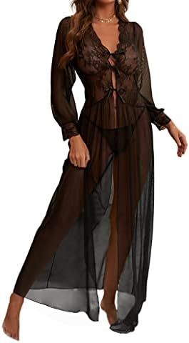 LittleLittleSky Womens Sheer Long Sleeve Lace Robe Gown Long Dress with Thong ((US 2-6) S) | Amazon (US)