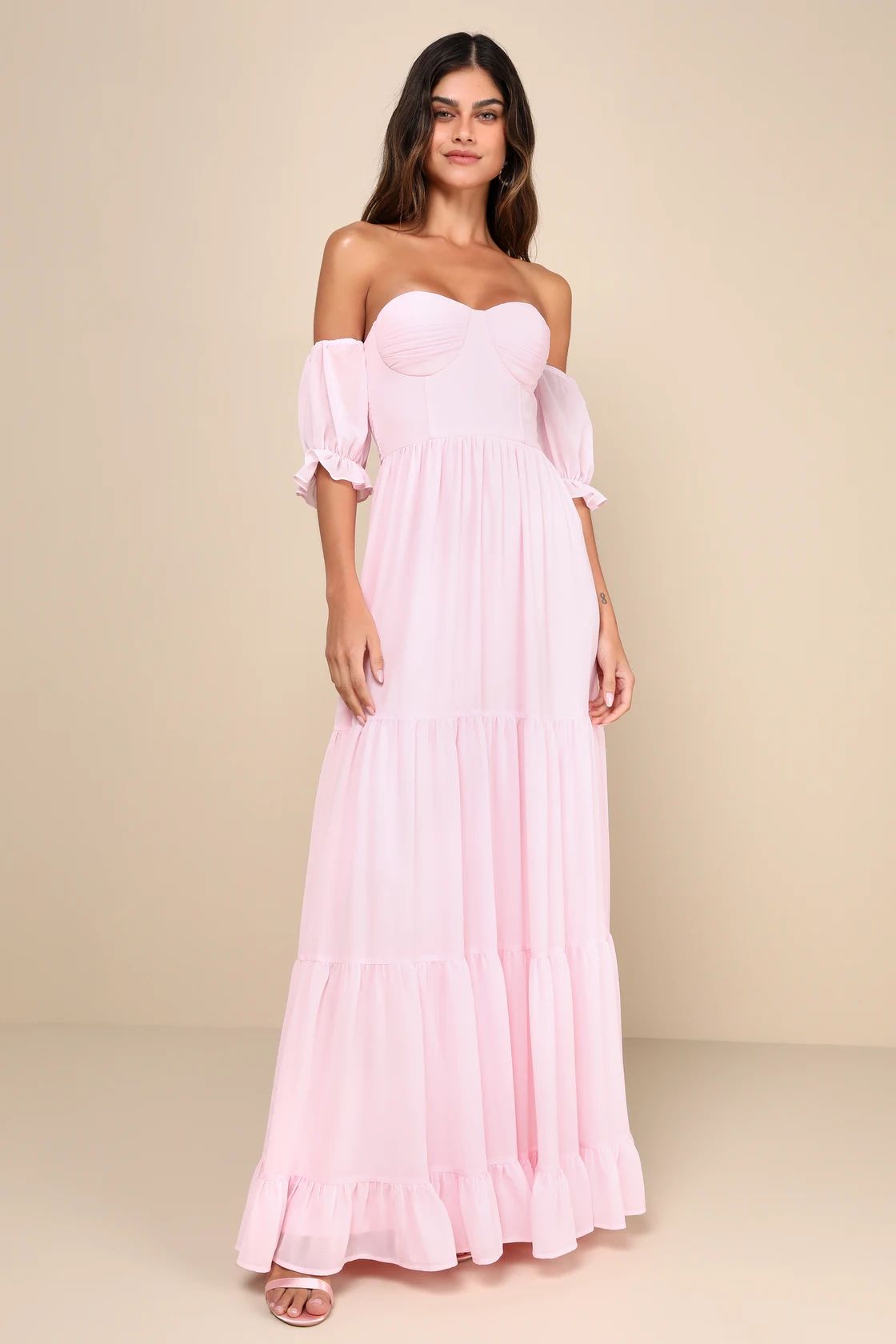 Exceptionally Gorgeous Blush Chiffon Off-the-Shoulder Maxi Dress | Lulus