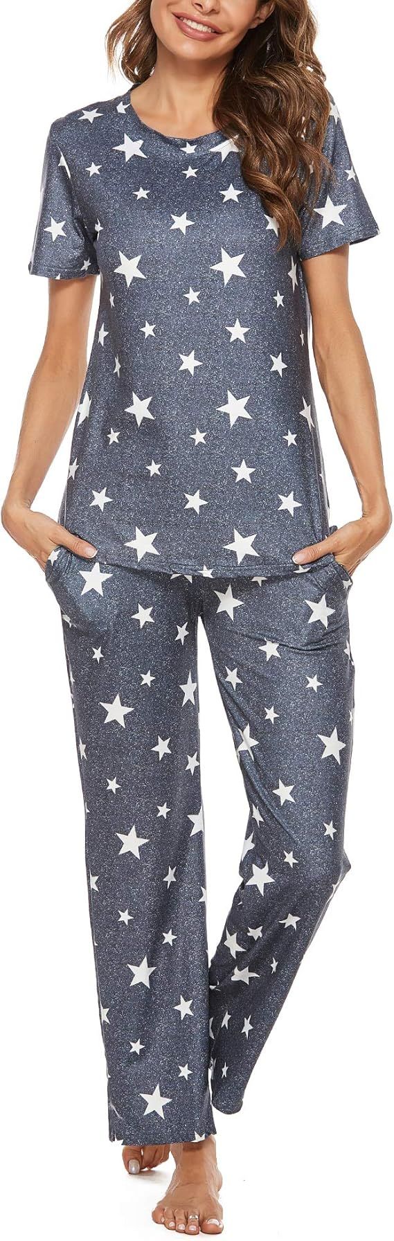 FINWANLO Womens Pajamas Set Short Sleeve Top and Pants with Pockets Cotton Sleepwear Pjs Sets | Amazon (US)