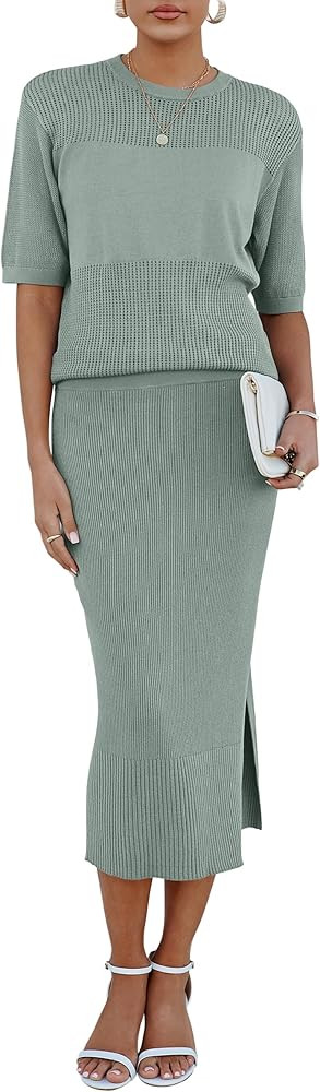 Arach&Cloz Women's Soft 2 Piece Sets Summer Crochet Top and Midi Slit Skirt Outfits 2025 | Amazon (US)