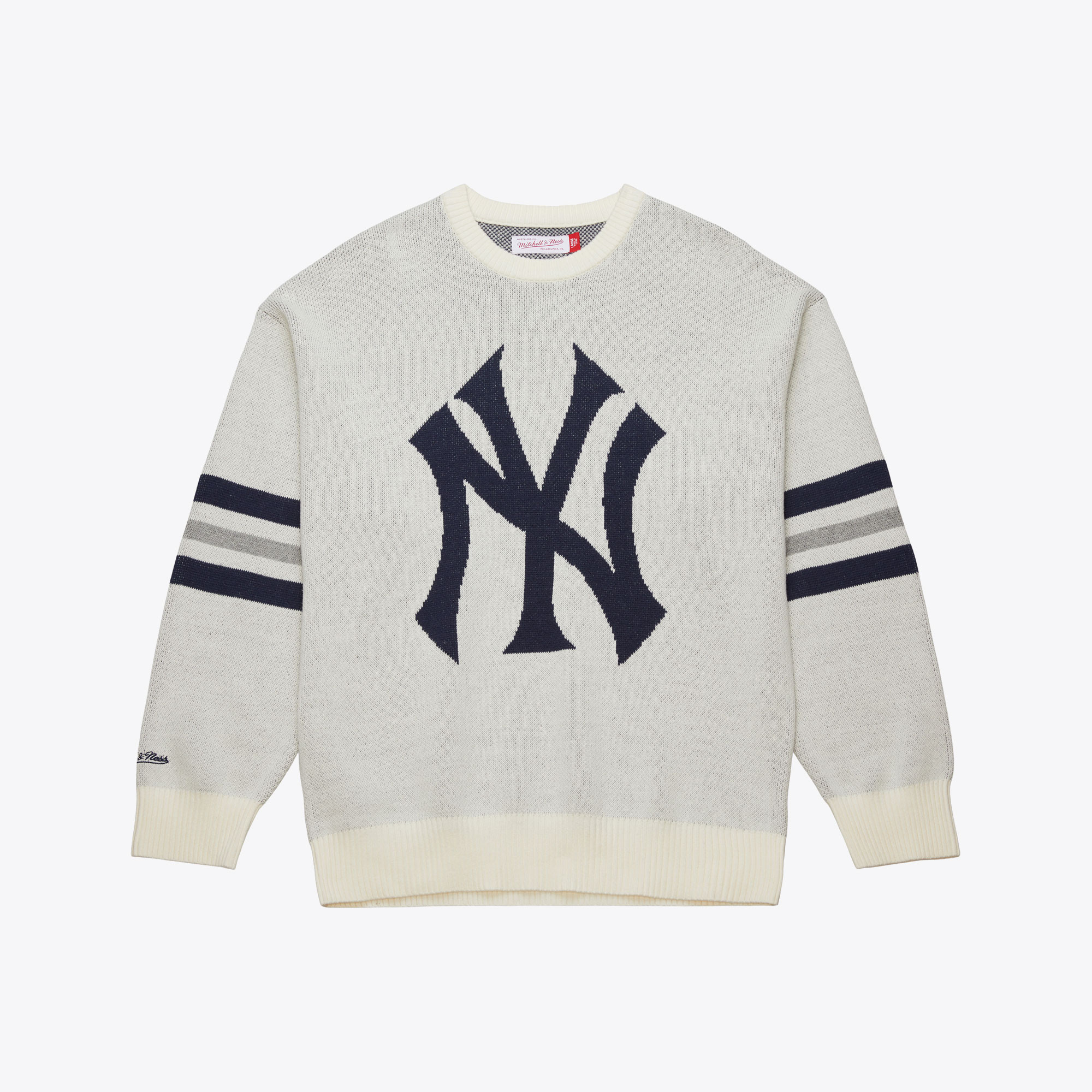 Men's  Cream New York Yankees Vintage Logo Retro Helmet Pullover Sweater | Mitchell & Ness