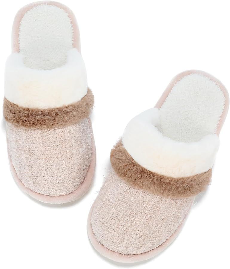 Womens Cozy Memory Foam Slippers Soft Warm Slip On Faux Fur House Slippers,Anti-Skid Rubber Sole,... | Amazon (US)