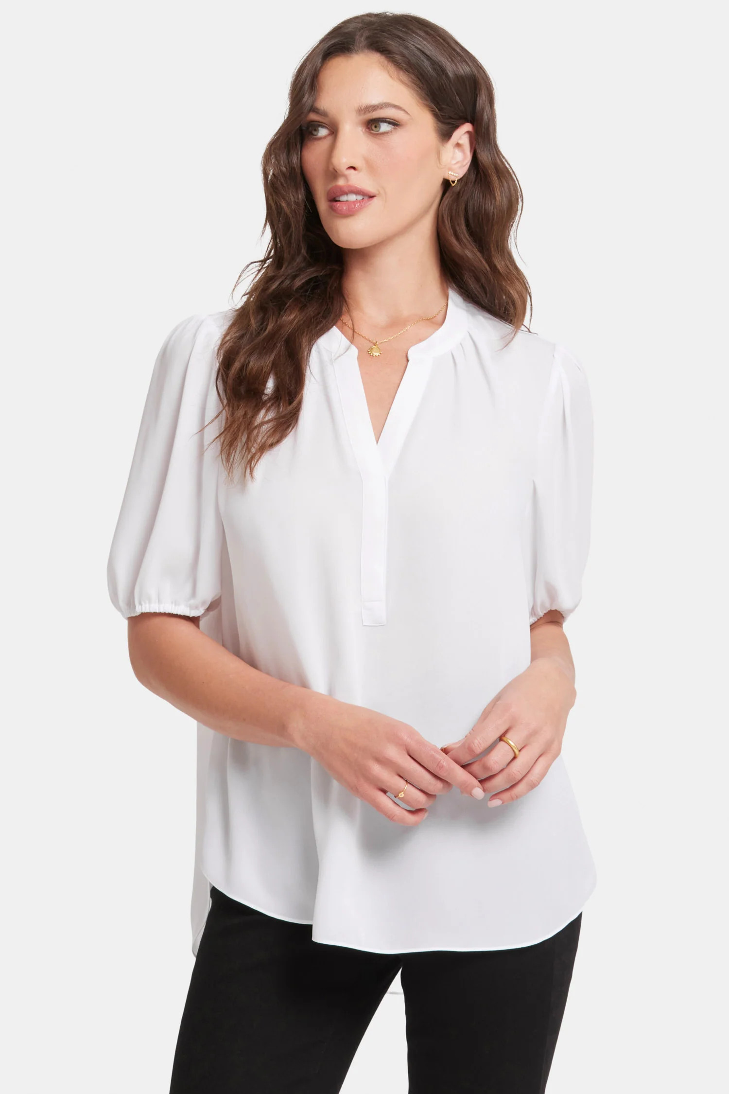 Short Puff Sleeve Popover Top - Optic White | NYDJ