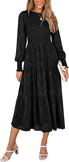 PRETTYGARDEN Women's Fall Spring Midi Dress Long Sleeve Floral Smocked Elegant Wedding Guest Long... | Amazon (US)