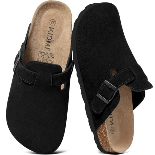 KIDMI Genuine Suede Clogs for Women Men Cork Footbed Sandals Leather Mules Potato Shoes with Arch Support Black 36 | Amazon (US)