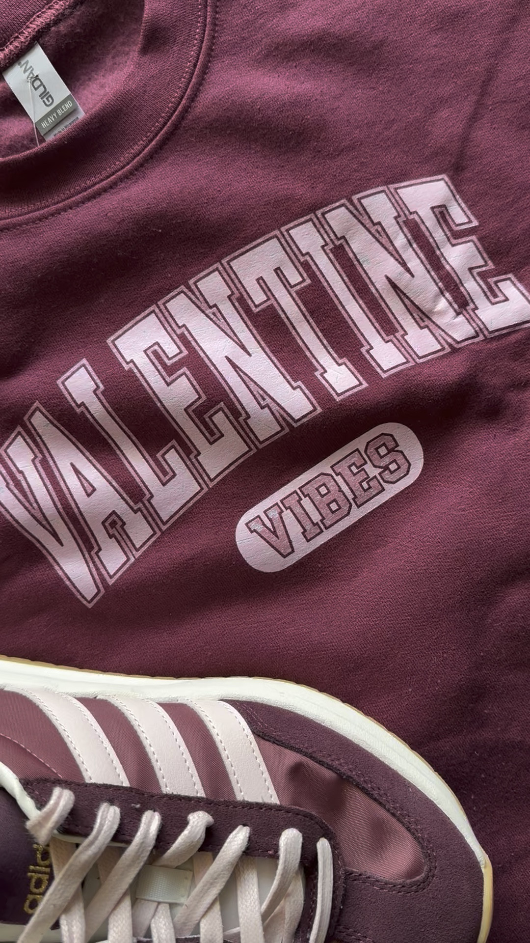 I love it when a plan comes together! Burgundy is the IT color right now and this Valentine Vibes sweatshirt matches my Adidas perfectly! Isn’t this an adorable combo?! 

#LTKStyleTip #LTKShoeCrush #LTKOver40
