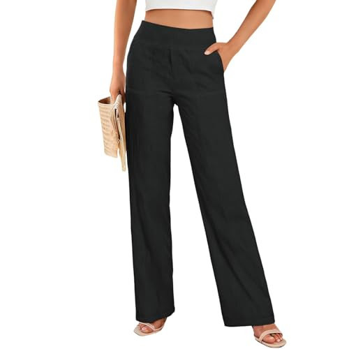 Business Casual Pants for Women Linen Pants for Women Summer Wide Leg Cotton Pants High Waisted Trousers Straight Leg Casual Business Work Pants Black | Amazon (US)