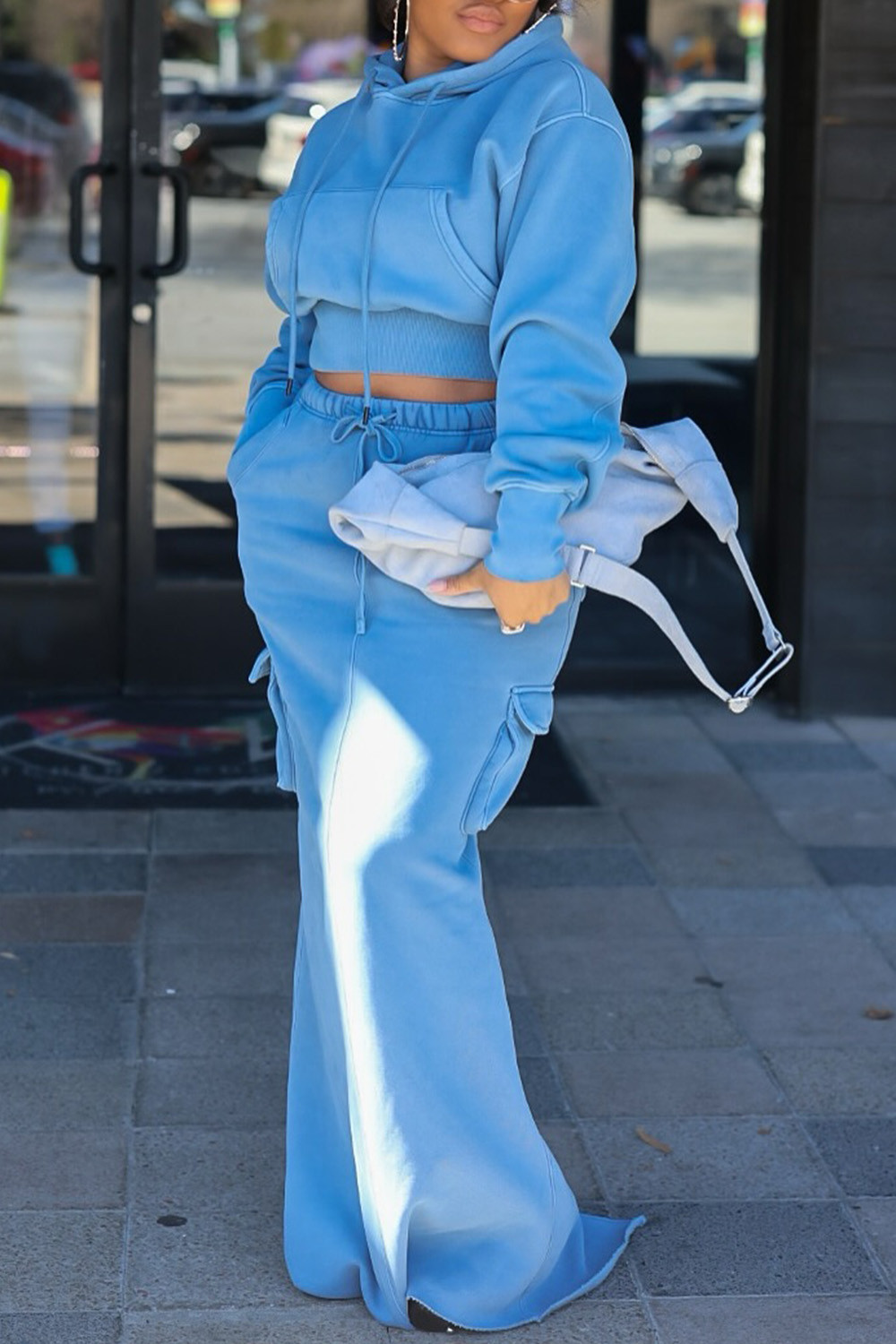 Plus Size Daily Blue Hooded Long Sleeve Cargo Casual Pocket Two Piece Skirt Sets | Xpluswear