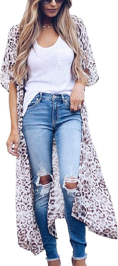 Hibluco Women's Casual Cover Ups Printed Kimono Cardigan Sheer Tops Loose Blouse | Amazon (US)
