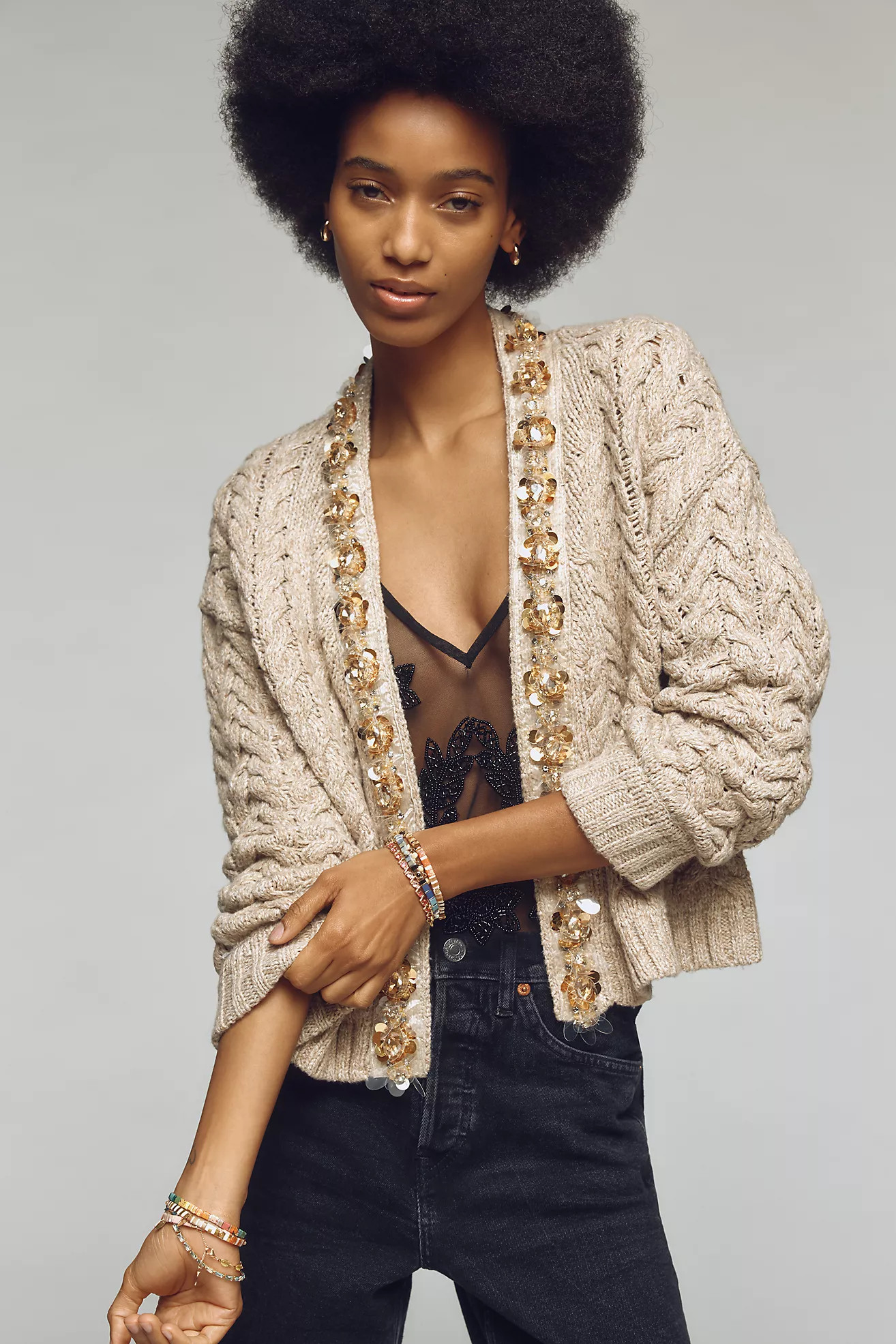 Maeve Cable-Knit Deco-Trim Cardigan | Anthropologie (US)
