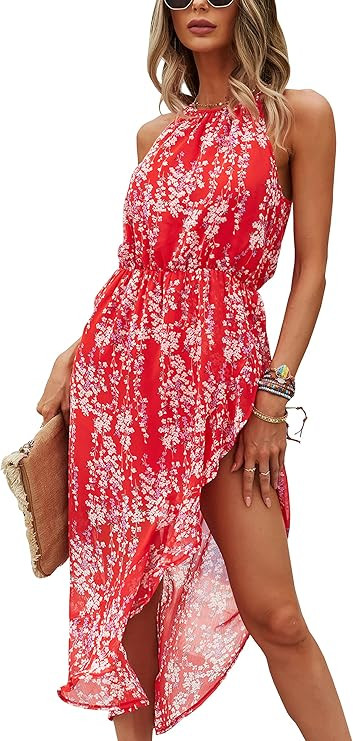 ECOWISH Womens Boho Polka-dot Tie Waist Irregular Cocktail Midi Dress Sleeveless Halter Neck Sexy... | Amazon (US)