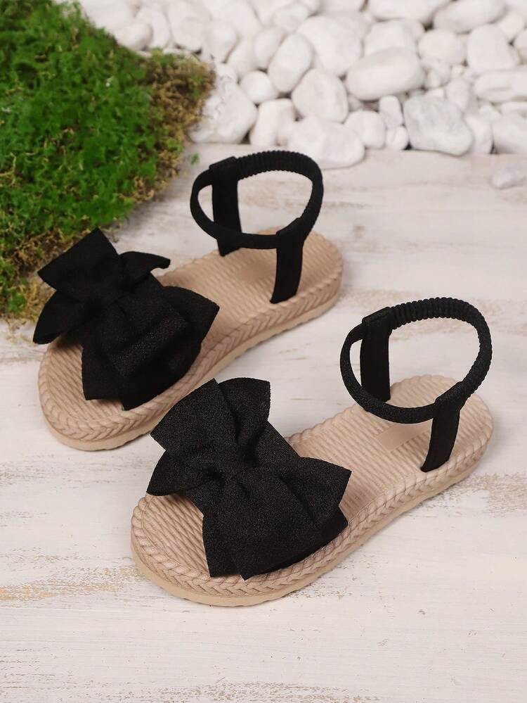 1 Pair Plus Size Black Color Fabric Baby Girls/Toddlers Flat Sandals, Bowknot Decor, Hook And Loop Strap, Open Toe, Comfortable, Suitable For 3-15 Years Old Students Daily, Casual, Travel, Holiday Wear, Summer New Arrival | SHEIN