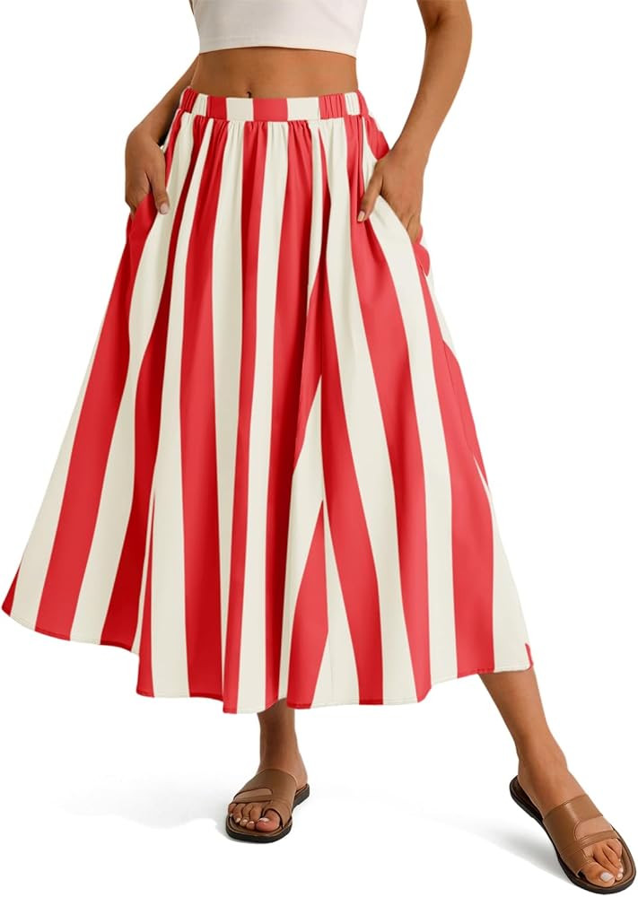 Cicy Bell Womens Summer Striped Maxi Skirts A-Line Beach Vacation Outfits     Elastic Waist, Side... | Amazon (US)