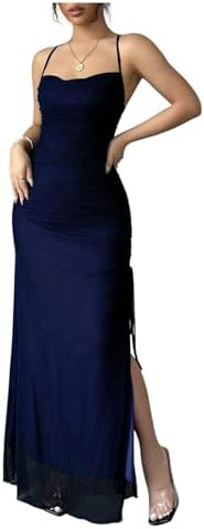 GORGLITTER Women's Mesh Bodycon Maxi Dress Ruched Drawstring Backless Cami Long Dresses with Slit... | Amazon (US)