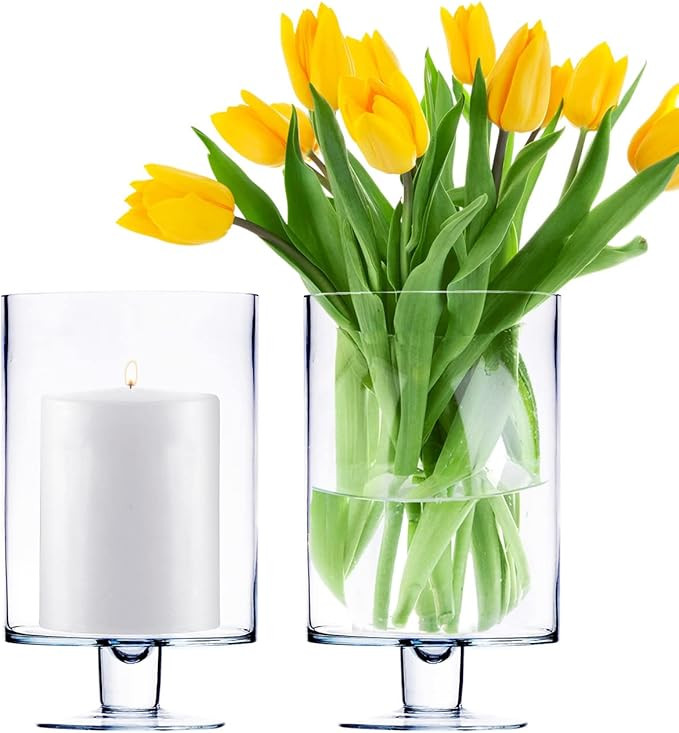 CYS EXCEL Glass Hurricane Pillar Candle Holders (H:10" W:6", 2 PCS) | Multiple Size Choices Short... | Amazon (US)