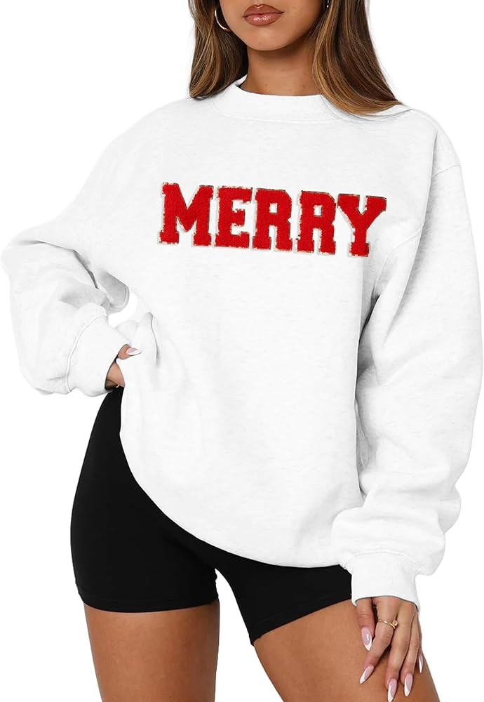 MAPICK Merry Sweatshirt for Women Christmas Fleece Linend Sequin Sweaters Crewneck Oversized Long... | Amazon (US)