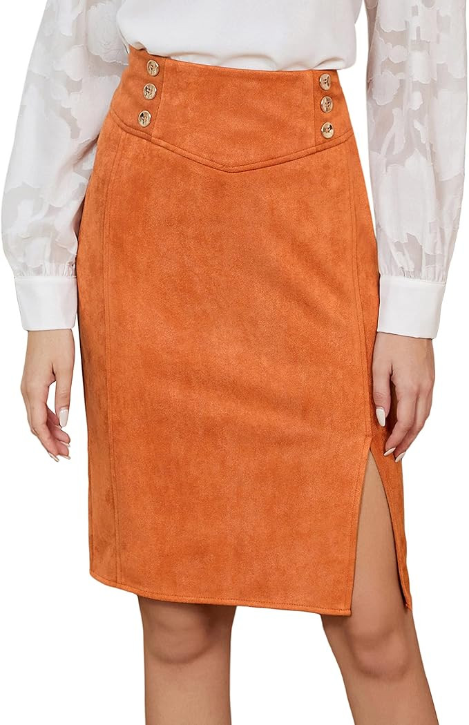 Amazon.com: Kate Kasin Women Side Split Hip Professional Skirt Faux Suede Pencil Midi Skirt Butto... | Amazon (US)