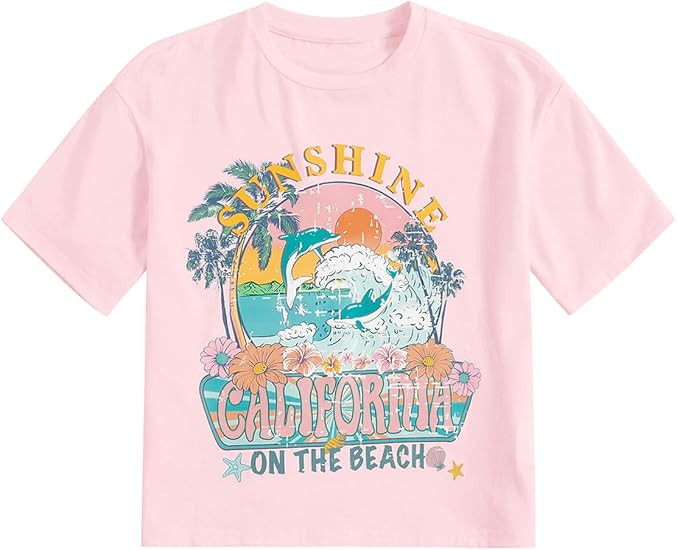 RoseSeek Girl's Graphic Print Tee Shirt Round Neck Short Sleeve T Shirts Summer Cute Trendy Tops | Amazon (US)