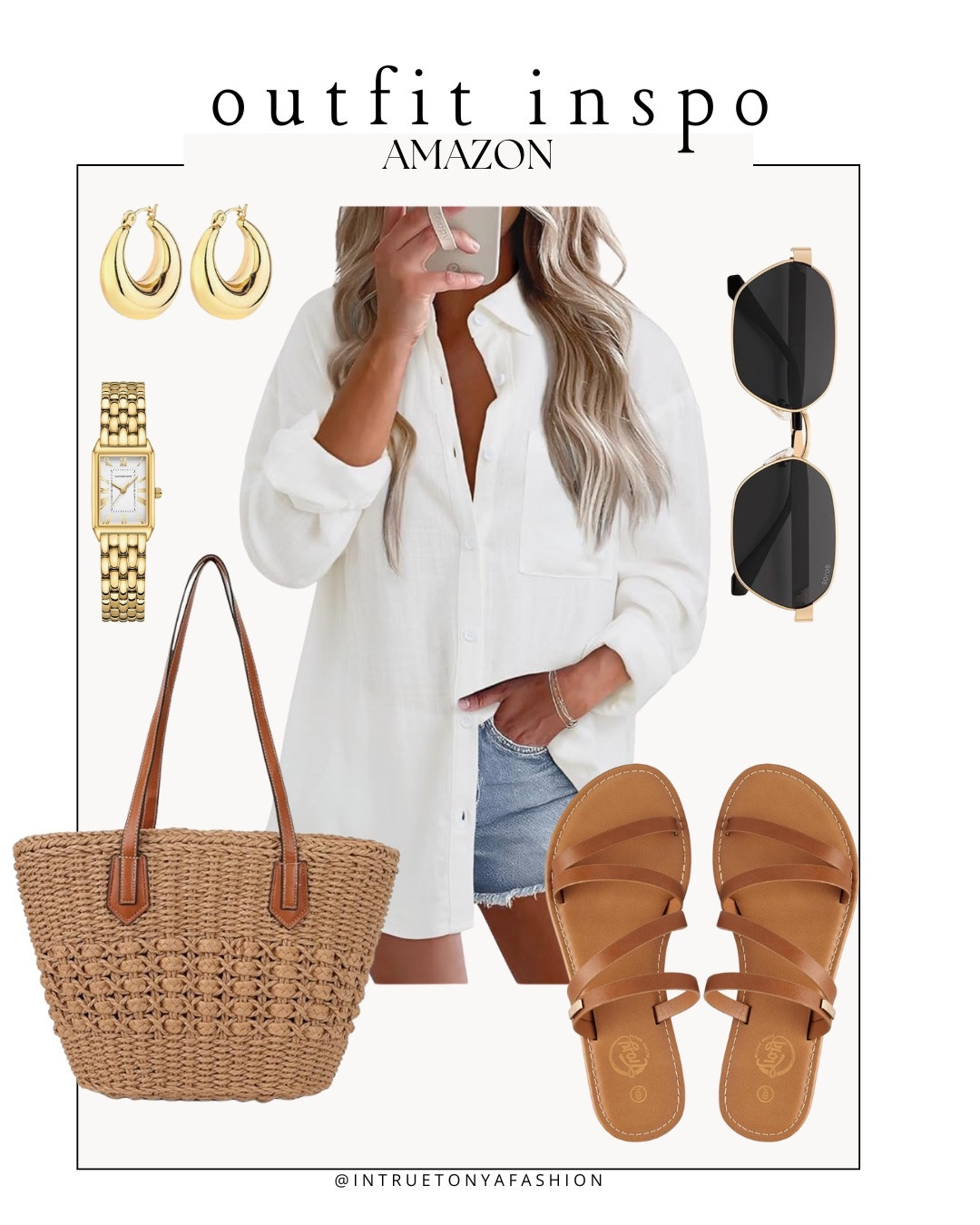 Amazon outfit idea for spring and summer — white button down shirt, denim shorts, straw handbag, sandals, and gold jewelry 






Amazon outfits every outfit inspo, outfit ideas, casual outfits amazon, amazon outfits every day, spring outfits 2026, summer outfits

#LTKootd #LTKSaleAlert #LTKPetite