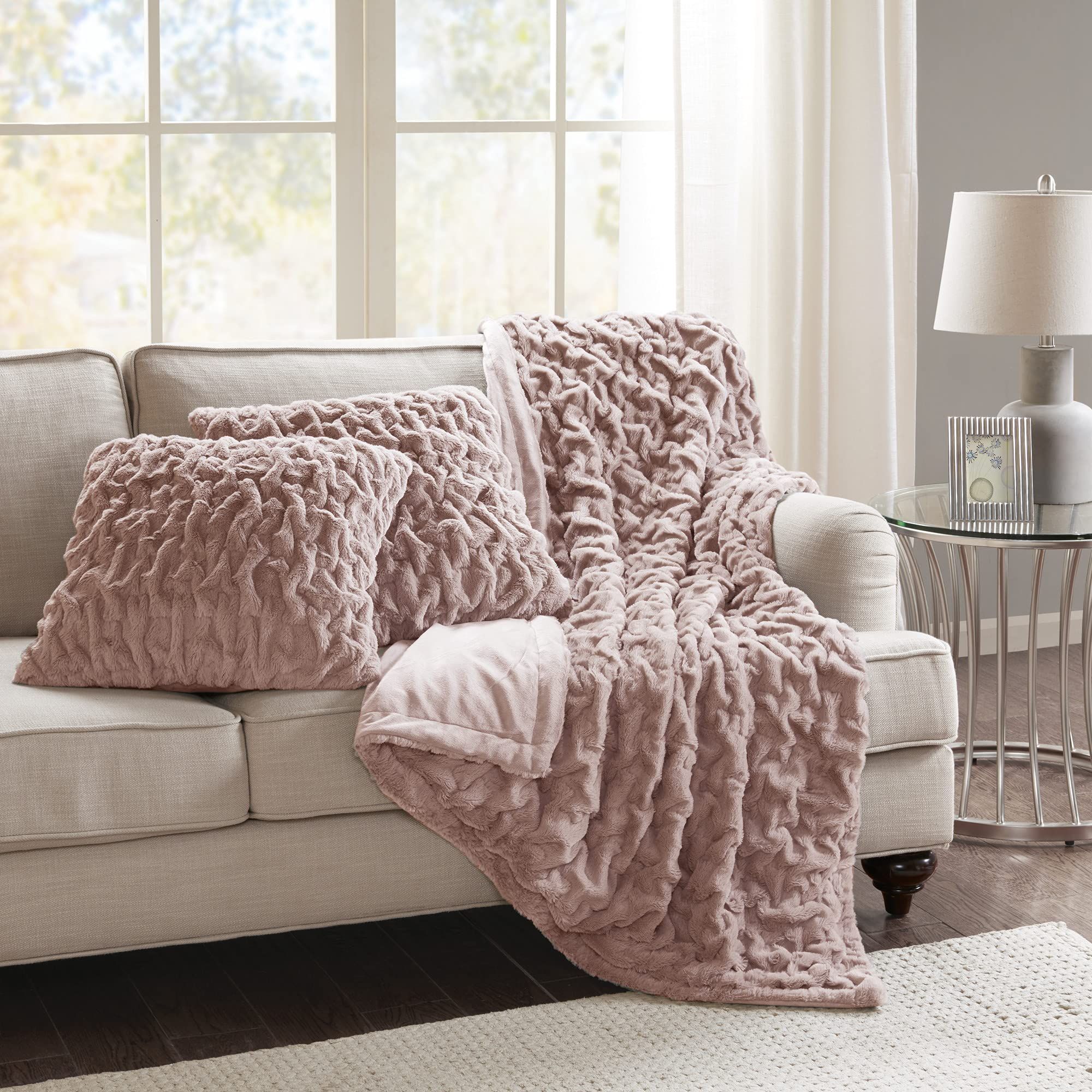 Comfort Spaces Ruched Faux Fur Plush 3 Piece Throw Blanket Set, Ultra Soft Fluffy with 2 Square Pill | Amazon (US)