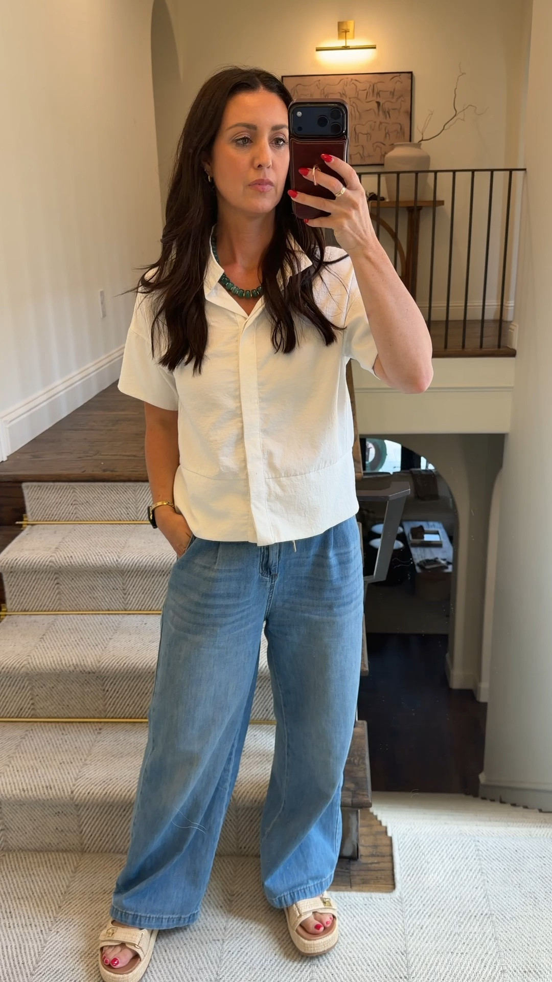 Light and airy, casual summer outfit! These wide leg drawstring jeans have such a cute summer coastal look, the material is very soft. This cropped white collared shirt is my most worn Amazon find, I LOVE IT.

#LTKootd #LTKOver40 #LTKSeasonal