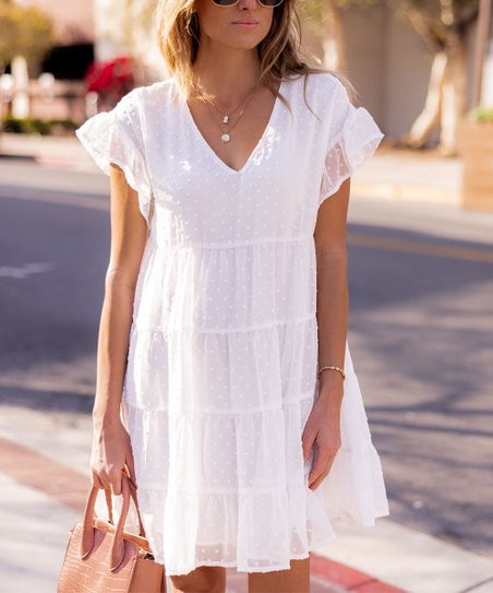 White Swiss Dot Flutter-Sleeve V-Neck Dress - Women & Plus | Zulily