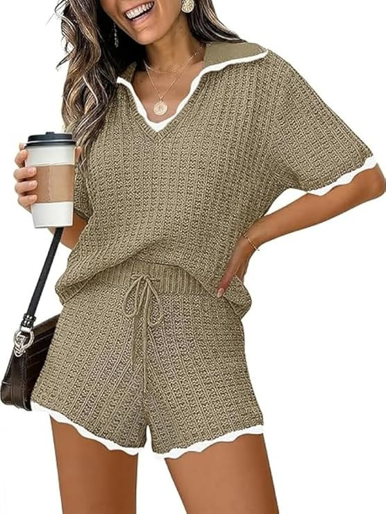 Tankaneo Womens Sweater Set 2 Piece Outfits Lapel V Neck Short Sleeve Knit Tops Summer Shorts Lou... | Amazon (US)